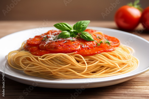 Classic Pasta Delight  Spaghetti with Sauce and Basil Plated