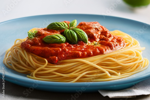 Classic Pasta Delight: Spaghetti with Sauce and Basil Plated