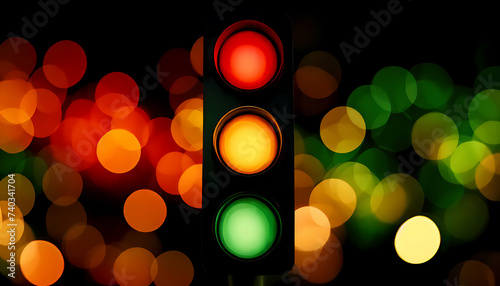 Eine Ampel leuchtet rot, gelb und grün, neutraler schwarzer Hintergrund mit Bokeh in den Farben der Ampellichter