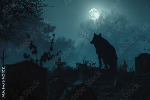 Un loup dans un cimeti  re une nuit de pleine lune    IA g  n  rative