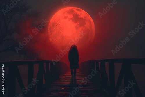 Silhouette sur un pont une nuit de pleine lune dans une ambiance rouge » IA générative photo