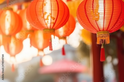 Blurred Chinese Lanterns Against Festive Background. Red Chinese lanterns with golden tassels softly blurred, creating a festive and celebratory atmosphere.