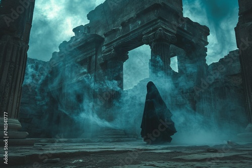 Silhouette sombre circulant dans des ruines un temps de brouillard » IA générative photo