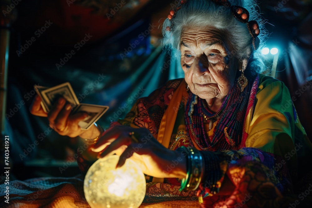 Une cartomancienne avec sa boule de cristal et ses cartes » IA générative