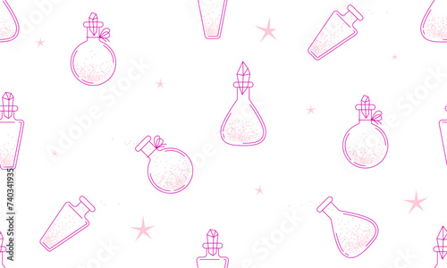 Seamless pattern with fairytale vials and bottles. Texture with vintage bottles with magic potion. Decorative stars with sparkling glitters. Poison or elixir. Premium shiny magic liquid potion bottle