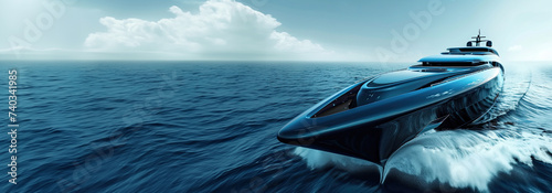 Luxurious Modern Yacht Gliding Through Vast Open Ocean Under Clear Sky. Banner
