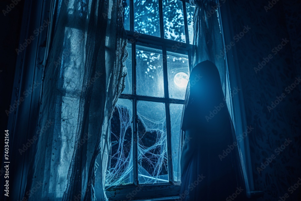 Fant?�me devant une fen??tre un jour de pleine lune ?� IA g?�n?�rative Stock-Foto | Adobe Stock