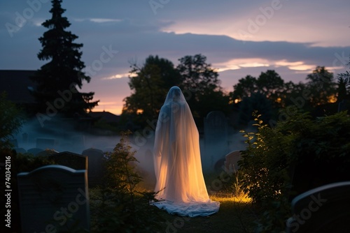 Silhouette d'une femme dans un cimetière au coucher du soleil » IA générative