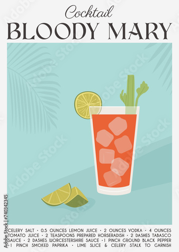 Contemporary poster Bloody Mary cocktail from tomato juice with celery stalk and cutted lime piece. Classic alcoholic beverage recipe. Modern trendy print. Contemporary wall art. Vector illustration.