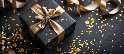 Black gift box with gold ribbon. birthdays, celebrations, vallentin and christmas photo