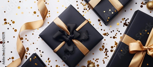 Black gift box with gold ribbon. birthdays, celebrations, vallentin and christmas photo