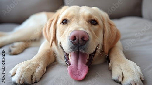 Golden Retriever Lying on a Couch With Tongue Out