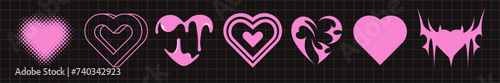 Hearts Collection in different shapes in Y2k trendy style on abstract background. Vector illustrations of love symbols in retro style. Shapes for posters template, social media, sticker, tattoo.