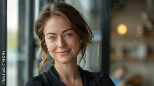 Smiling young caucasian business woman head shot portrait. Thoughtful millennial businesswoman looking away with pensive face, dreaming, thinking over project tasks, future lifestyle