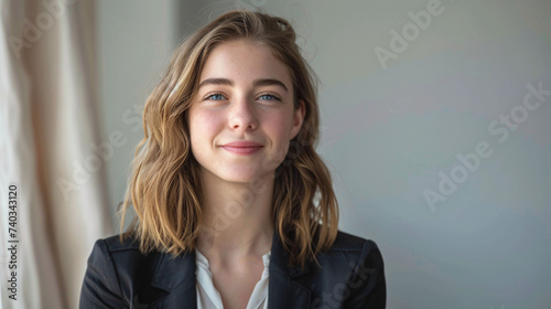 Smiling young caucasian business woman head shot portrait. Thoughtful millennial businesswoman looking away with pensive face, dreaming, thinking over project tasks, future lifestyle