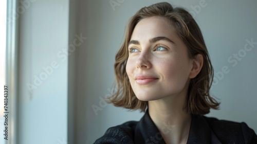 Smiling young caucasian business woman head shot portrait. Thoughtful millennial businesswoman looking away with pensive face, dreaming, thinking over project tasks, future lifestyle © Alin