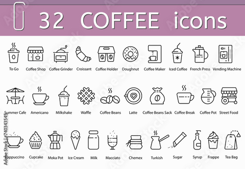 Coffee icons set, vector flat black outline illustration of coffee and cafe icons