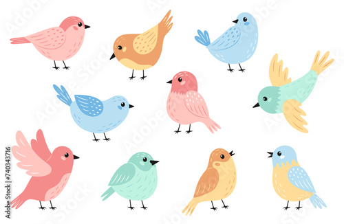 Set of flying and sitting cute birds in pastel spring colors. Birds or baby animals theme. Vector illustration isolated on white background.
