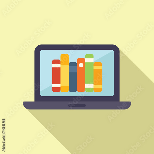 Laptop online library icon flat vector. Magazine open. Remote read person