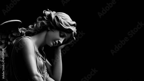 Sad angel sculpture, sorrowful, dark on black background