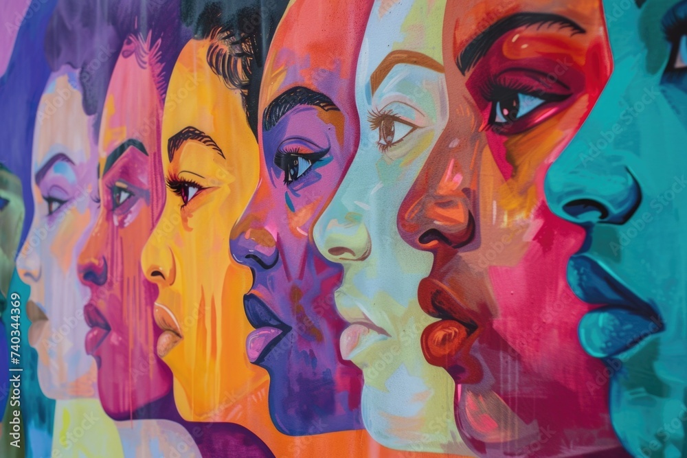 A vibrant painting showcasing a diverse group of womens faces, each expressing unique emotions and identities through their nuanced features