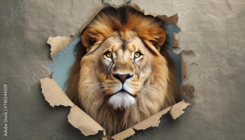 portrait of a lion looking up in paper side torn hole isolated