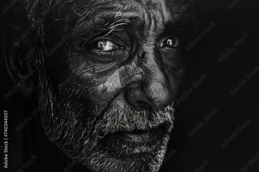 A captivating black and white depiction of a mans face, exuding stoic strength and intensity through his gaze and facial features A captivating black and white depiction of a mans face, exuding stoic strength and intensity through his gaze and facial features