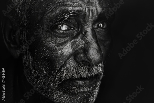 A captivating black and white depiction of a mans face, exuding stoic strength and intensity through his gaze and facial features
