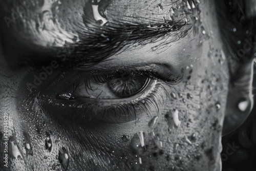 The face of a person is covered in mud, creating a raw and emotional visual display. The texture of the mud contrasts with the skin, conveying a sense of connection to nature