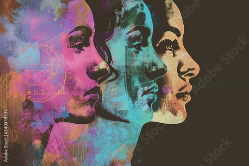 Three womens faces painted on a stark black background, each expressing a different emotion, creating a captivating and thought-provoking composition