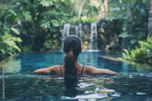 A woman peacefully swims in a pool, surrounded by lush greenery, with a majestic waterfall in the background