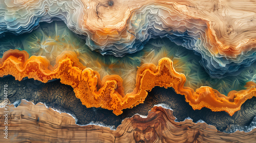 Abstract wood and colored epoxy resin texture background. Captivating image for printing. Contemporary art. Intricate details. Rich colors