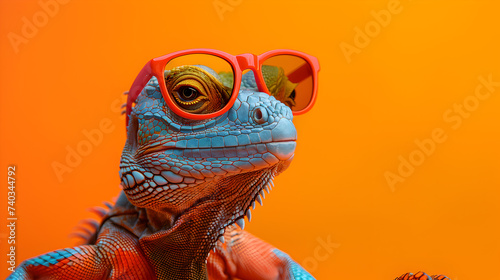Vibrant Laid back Chameleons with sunglasses in a photo studio light and background, chill and relaxed colorful lizard Profile head shot, spiritual close up sunglasses advertising   photo