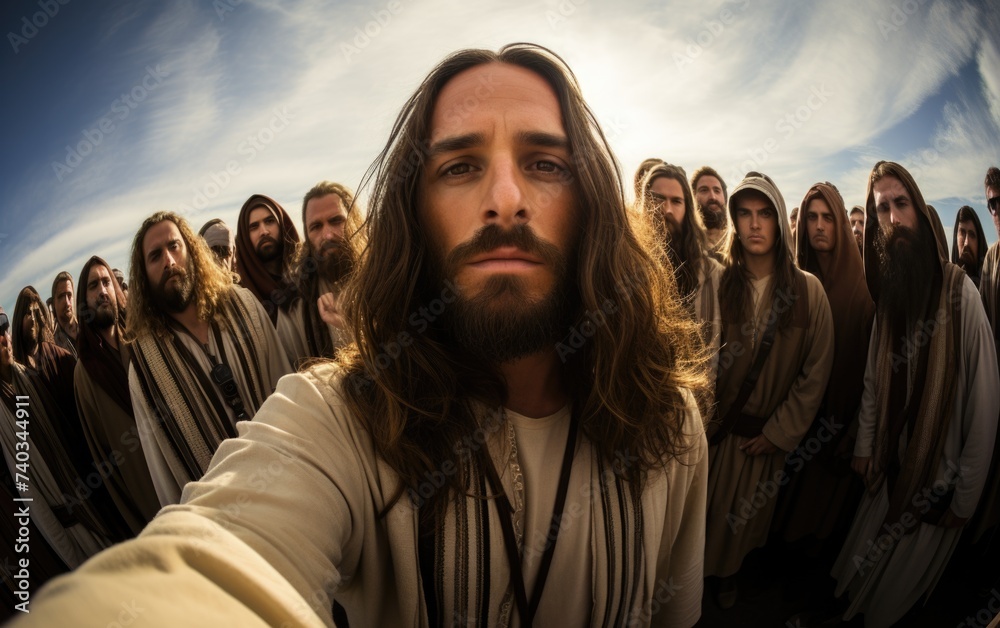 In serene tableau, Jesus Christ and disciples gather, radiating divine harmony. Scene captures essence of spiritual teachings and the sacred camaraderie among these central figures of Christian faith.