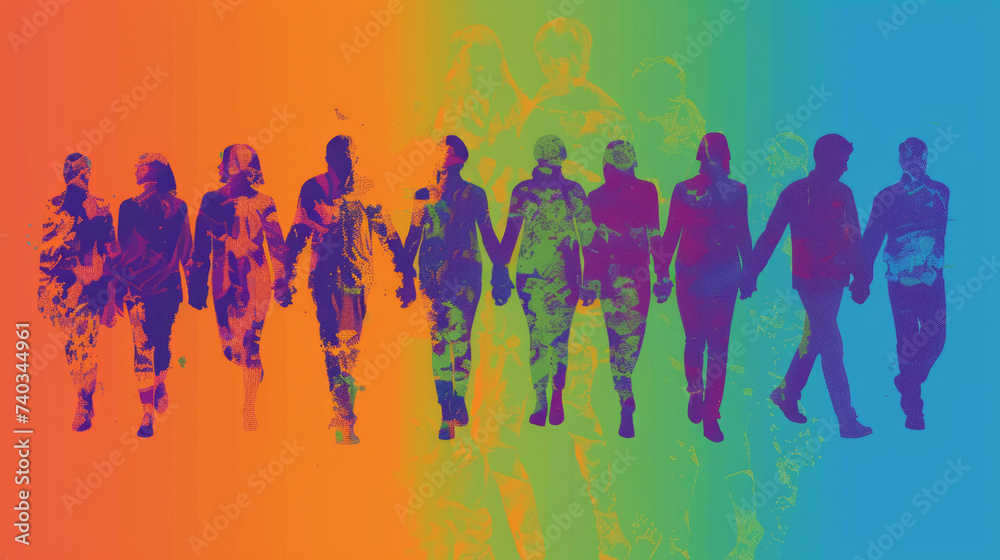 Diverse Human Chain Silhouettes in Rainbow Colors