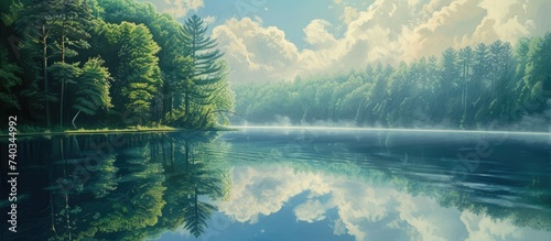 This photo is a painting depicting a serene lake surrounded by trees, capturing the tranquil beauty of nature.