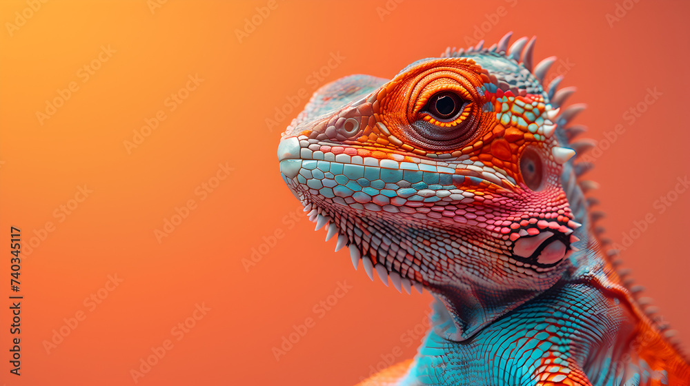 Vibrant Laid back Chameleons in a photo studio light and background, chill and relaxed colorful lizard Profile head shot, spiritual close up 