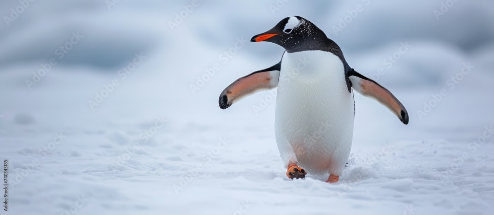 Fototapeta premium A flightless bird, the penguin is perched on a snowy terrain, showcasing its balance with its webbed feet and beak, blending into the wildlife surroundings