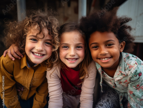 A heartwarming portrait capturing a group of diverse, cheerful, and happy children of various ethnic backgrounds enjoying outdoor activities together.Diversity Conecpt