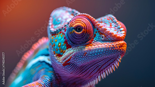 Vibrant Laid back Chameleons in a photo studio light and background, chill and relaxed colorful lizard Profile head shot, spiritual close up 