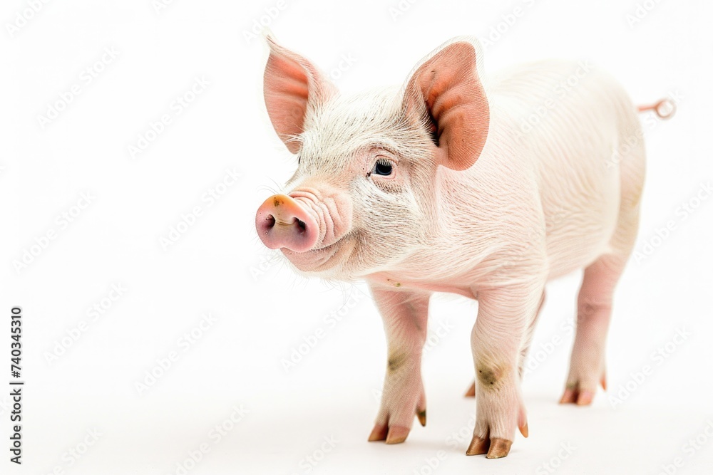 Fototapeta premium A little pig stood and watched from the side. white background