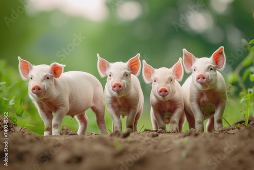All white little pigs Standing and watching from the side green background