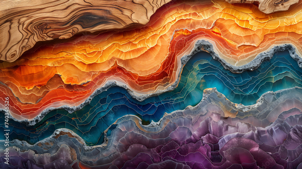 Abstract wood and colored epoxy resin texture background. Captivating image for printing. Contemporary art. Intricate details. Rich colors