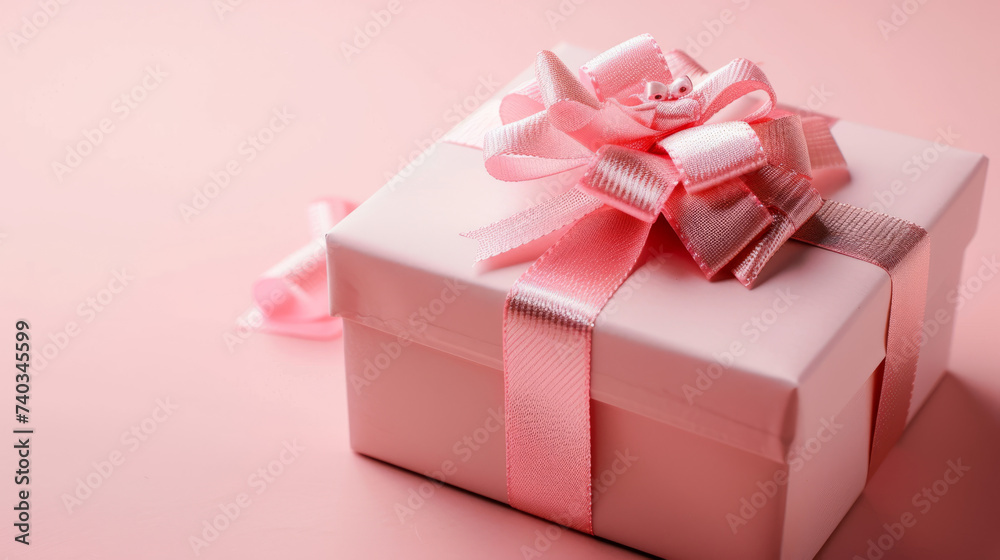 A pink gift box with a ribbon sits on a pale pink background, creating a romantic ambiance, perfect for birthday, anniversary, or gift card use. A pink gift box with a ribbon sits on a pale pink background, creating a romantic ambiance, perfect for birthday, anniversary, or gift card use.