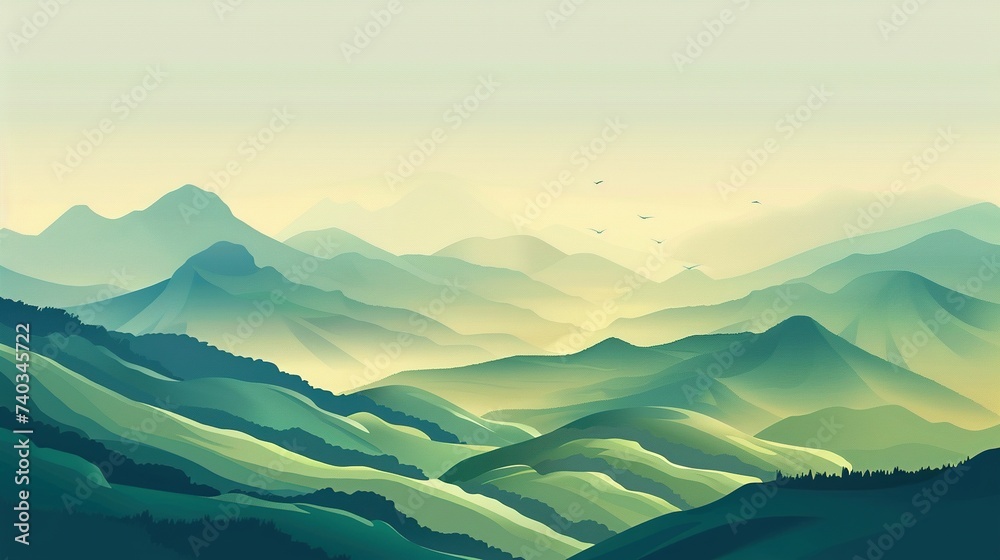 Illustration Design of Abstract Green Mountains and Hills Landscape Wallpaper Background. Nature
