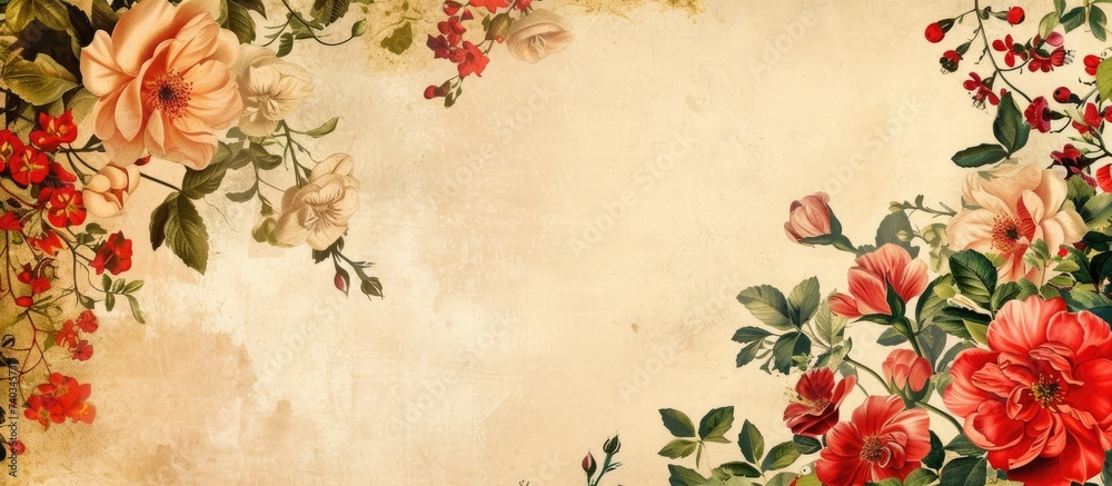 This photo features a painting of red and white flowers set against a beige background. The vintage-style artwork showcases intricate floral details and botanical elements.