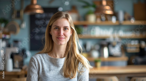 Business Concept: Female entrepreneur standing in her cafe, smiling pensively