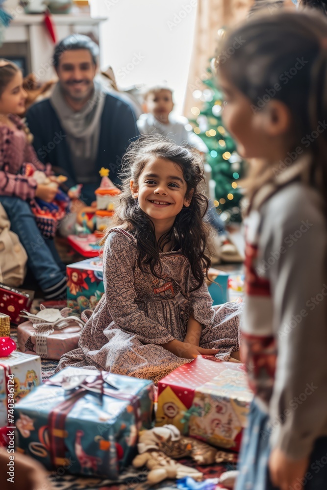 Merry Christmas and Happy Holidays! Cheerful little girl with her family at home. Merry Christmas and Happy Holidays! Cheerful little girl with her family at home.