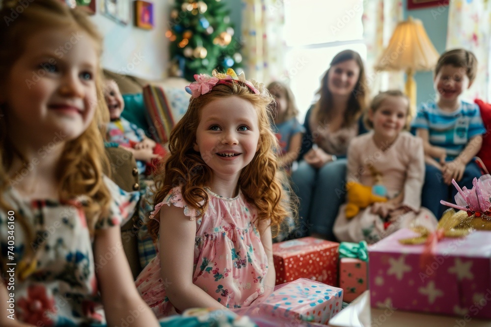 Happy little girl with her family at home celebrating Christmas and New Year