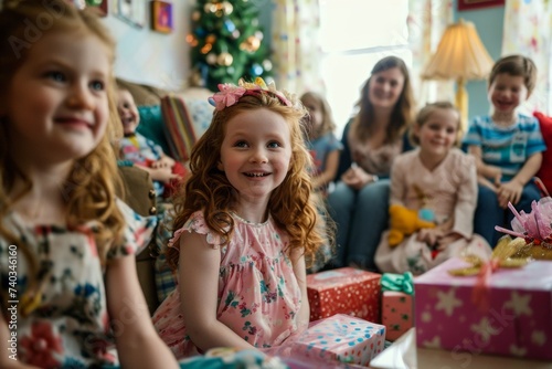 Happy little girl with her family at home celebrating Christmas and New Year